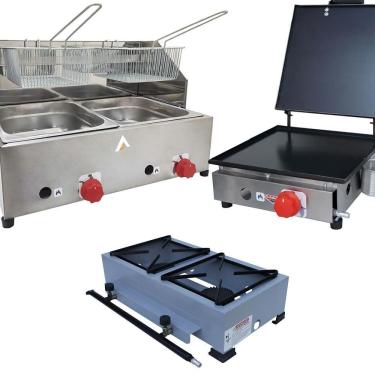 Imagem de Kit Lanchonete Fogão Portátil 2 Bocas + Chapa 30cm Prensa e Fritadeira Profissional 2 Cubas Alcamar