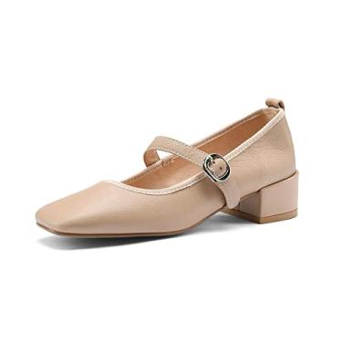 Imagem de TinaCus Sapato feminino de couro legítimo bico quadrado feito à mão fivela salto baixo grosso casual Mary Jane, Damasco, 7.5