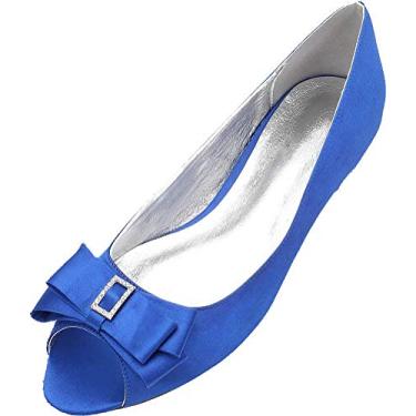 Imagem de Sapato feminino com laço peep toe casamento peep toe sem salto para noivas no escritório, Azul, 7.5