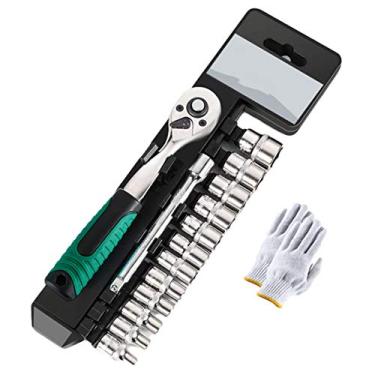 Imagem de HIOD Conjunto de chaves catraca 1/4 pol. Drive Métrica 4-14 mm Hexágono Combinação de ferramentas de chave inglesa reversível, 14 peças