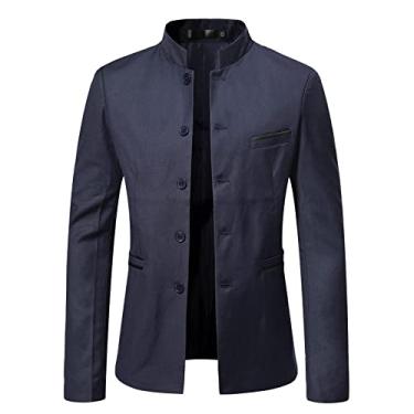 Imagem de UNeedVog Casaco de uniforme masculino com gola alta chinesa casual liso blazer slim fit, Azul-marinho, XXG