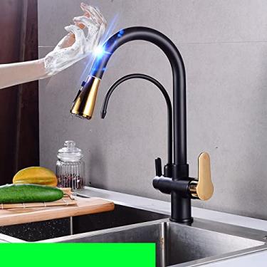 Imagem de Torneira de cozinha 4 polegadas pull down torneira de cozinha com torneira filtrada automática para água potável 360 ° torneira de rotação, toque, ouro preto