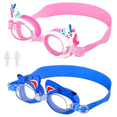 Imagem de 2 pares de óculos de natação infantis para crianças antiembaçamento anti-UV óculos de natação óculos de natação com protetores de ouvido para meninas meninos de 3 a 9 anos