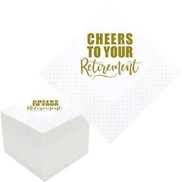 Imagem de Geloar Guardanapos de coquetel de aposentadoria, pacote com 100 guardanapos dourados alegres para sua aposentadoria descartáveis almoço de papel oficialmente guardanapos de aposentadoria para decorações de festa de aposentadoria | 2 camadas, 12 x 13 cm