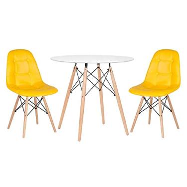 Imagem de Loft7, Kit Mesa Eames Eiffel 80 cm branco + 2 cadeiras estofadas Eames Botonê amarelo
