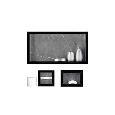 Imagem de Nicho Em Porcelanato Polido Porta Shampoo + Porta Papel Higiênico + Saboneteira (Cinza/Preto)