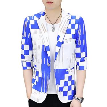 Imagem de Blazer xadrez de verão masculino slim business casual terno jaqueta leve respirável um botão lapela outwear para casamento, azul, GG (busto: 105 cm)