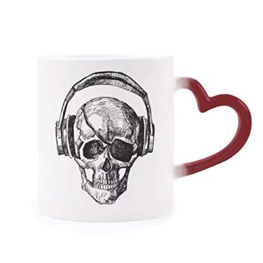 Imagem de Caveira fone de ouvido música estampa louca sensível ao calor caneca vermelha muda de cor grés