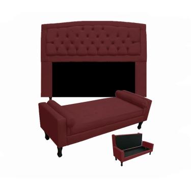 Imagem de Cabeceira Geovana + Calçadeira Fênix Para Quarto King 195cm Suede Vermelho Bordo - LM DECOR