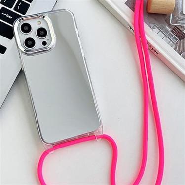 Imagem de Correia Cordão Corrente Colar Fita Estojo De Telefone Para iPhone 14 13 12 11 Pro Max 14Plus Espelho Acrílico À Prova De Choque Tampa Traseira TPU, rosa choque, Para iPhone 14 Pro