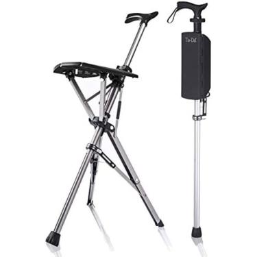 Imagem de Assento De Cana Dobrável Ajustável Com Luz LED E 3 Pernas Retráteis, Cadeira De Muleta De Liga De Alumínio Adequado Para Homens, Mulheres, Artrite, Idosos E Muletas Móveis Para Idosos Com Base De