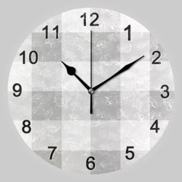 Imagem de CHIFIGNO Relógios de parede redondos xadrez cinza branco búfalo, relógio operado por bateria, silencioso, escola, escritório, casa decorativa