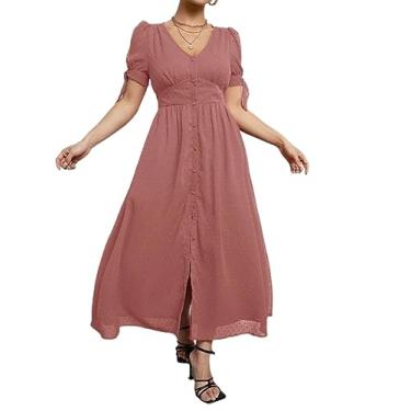 Imagem de Camisa Feminina Swiss Dot Knot Cuff Button Front Chiffon Dress (Color : Dusty Pink, Size : CH)