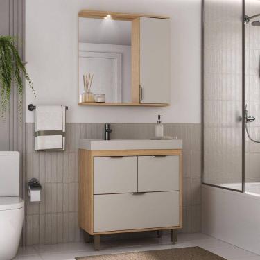 Imagem de Conjunto de Banheiro Gabinete 2 Portas 1 Gaveta e Espelheira com Led 1 Porta Eleganza Carvalho Marrom / Arenas