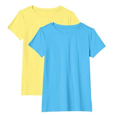 Imagem de Blusas femininas modernas de manga curta superdimensionadas lindas blusas de treino sólidas blusas de algodão de verão camisetas boho túnica básica, Amarelo + azul, GG