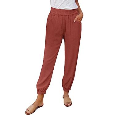 Imagem de Calça capri feminina 100% linho cintura elástica afunilada calça cropped leve de linho calça capri feminina, Zb-vermelho, G