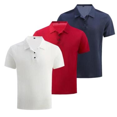 Imagem de 3 peças/conjunto de malha confortável camisa masculina elástica manga curta lapela golfe camiseta verão ao ar livre, presente para homens, Branco + vermelho + azul marinho, 3G