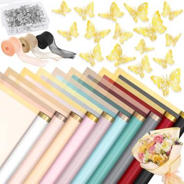 Imagem de Aodaer 523 peças de papel de embrulho floral impermeável para buquê de flores, suprimentos para floristas com alfinetes de corpete de cristal e fitas de cetim, decorações de borboleta 3D para Dia das