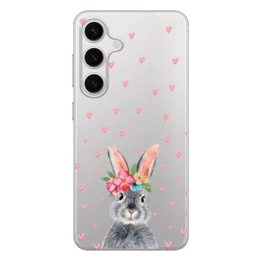 Imagem de Blingy's Capa para Samsung Galaxy S24, design fofo de coelho floral com padrão de corações divertido estilo animal de desenho animado transparente macio TPU capa transparente 6,2 polegadas (coelho