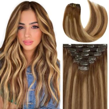 Imagem de Caliee Extensões de cabelo humano com clipe de cabelo humano trama dupla de renda chocolate marrom #4 loiro caramelo misturado #27 com raízes marrom chocolate 140 g 50 cm cabelo Remy liso natural