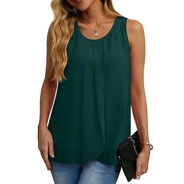 Imagem de IWOLLENCE Blusa feminina de verão, sem mangas, de chiffon, com duas camadas, solta, gola redonda, camisas casuais, 04 Verde escuro, 3G