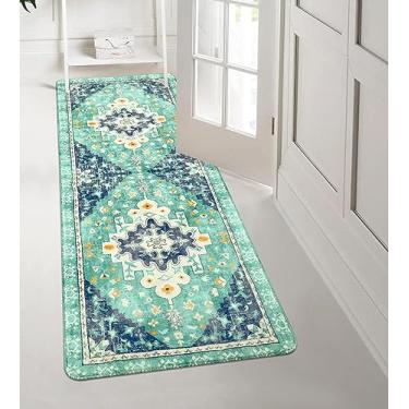 Imagem de Uphome Boho Vintage Tapete de corredor de banheiro verde antiderrapante macio lavável na máquina tapete de corredor oriental tradicional tapete floral tribal para cozinha, quarto de crianças, entrada,