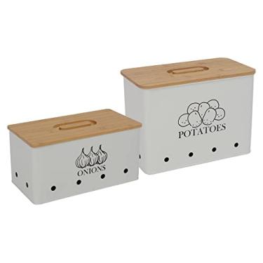 Imagem de Xbopetda Caixa de armazenamento de cebola de batata, conjuntos de recipientes de alimentos, recipientes de armazenamento para vegetais, conjunto de 2 potes de recipientes, batata e cebola com orifícios de armazenamento de lata de aeração e tampa de bambu branca