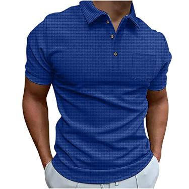 Imagem de Camisetas masculinas verão outono manga curta gola tartaruga crochê camisetas básicas homem 2024, P-677 Azul royal, P