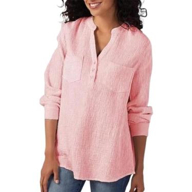Imagem de Camisa feminina Henley de linho de algodão sólida manga longa casual solta blusa supersiazed tops com bolso, rosa, G
