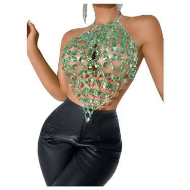Imagem de SHENHE Top feminino com costas abertas sexy diamante frente única frente única rave camisa clube top, Verde, M