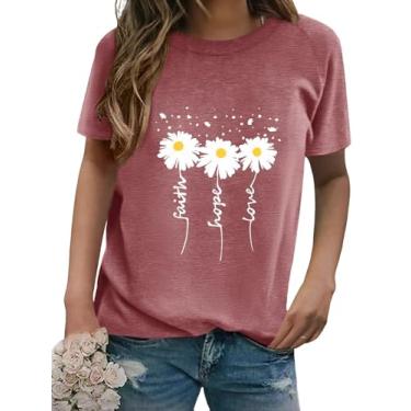 Imagem de Camisetas femininas de manga curta com gola redonda e estampa margarida verão Faith-Hope-Love Raglan Sleeve Tees Loose Fit Graphic Tops 2024, Vinho tinto, M