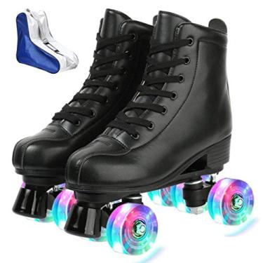 Imagem de XUDREZ Tênis de skate feminino masculino de couro PU de cano alto com duas fileiras de patins para iniciantes, patins profissionais para ambientes internos e externos com bolsa para sapatos (flash Wheel, 43)