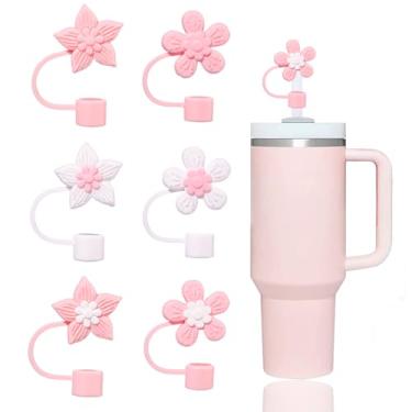 Imagem de YAYAYOUNG 6 peças de tampas de palha de flores rosa compatíveis com copos Stanley de 30 e 1,134 g, protetores de tampas reutilizáveis e fofos de silicone para canudos Stanley de 10 mm