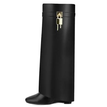 Imagem de HYYH CFPL Bota feminina dobrável na altura do joelho com salto anabela pontiagudo bota de tubarão no joelho com zíper lateral coberta salto cunha cadeado bota, Preto, 5.5