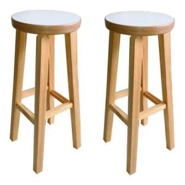 Imagem de Kit 2 Banqueta Alta Hardman Madeira Natural Assento Redondo Mdf Branco