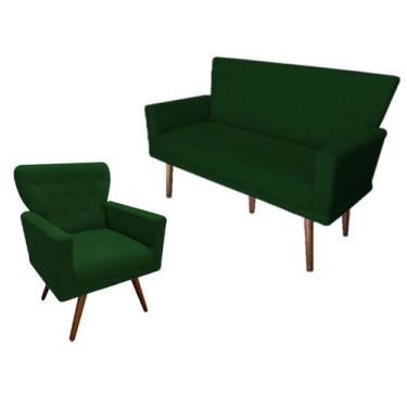 Imagem de Kit Namoradeira + 1 Poltrona Decorativa Aurora Suede Verde Pés Madeira
