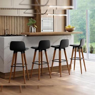 Imagem de Kit 4 Banquetas Línea em Aço Madeira Verniz PU e Linho Preto - UniDeco