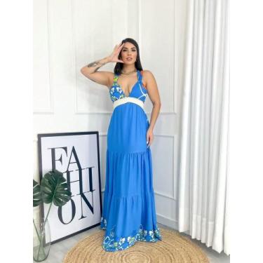 Imagem de Vestido longo com elástico grosso verão estampado - LALOKA, Azul, M