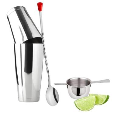 Imagem de Kit Barman Coqueteleira 800ml Inox Dosador e Colher Bailarina Drinks B
