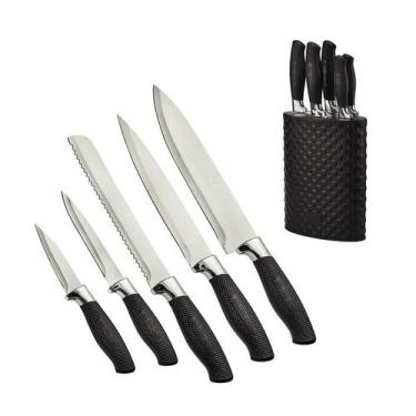 Imagem de Jogo de 5 Facas Faqueiro Churrasco Com Cepo Cozinha Cabo Preto - Haüsk