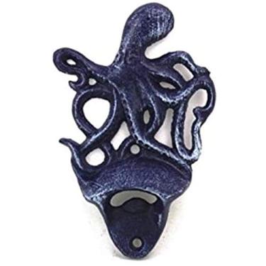 Imagem de Hampton Nautical Abridor de garrafas rústico azul escuro montado na parede polvo 15 cm - decoração vintage de ferro fundido - vida marinha