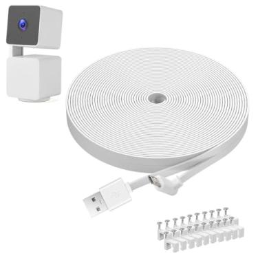 Imagem de LUOYEE Pacote com 2 cabos de extensão de energia de 10 m compatíveis com WYZE Cam Pan V3, cabo de carregamento micro USB plano em forma de L de 90 graus para WYZE Cam Pan V3 (branco)