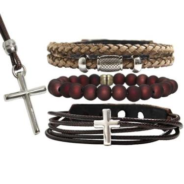 Imagem de Pulseiras Masculinas Couro CRUZ Kit C / 03 + Colar Crucifixo Fé - GRAN