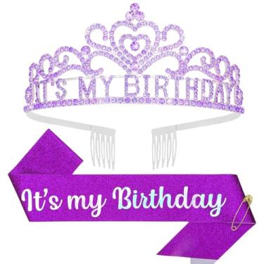 Imagem de Araluky Tiara feminina com coroa de aniversário e glitter It's My Birthday Sash Tiara de aniversário para mulheres, tiara de princesa, chapéu de aniversário, tiara de aniversário para festas,