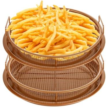 Imagem de Bandeja de fritadeira a ar de aço, cesta de fritadeira de cobre antiaderente de 4 peças para forno, frigideira a ar, cesta de fritadeira a ar para assar no forno e alimentos crocantes grande (redondo