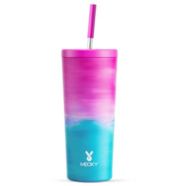 Imagem de Meoky Copo isolado de 680 g com tampa e canudo, copo isolado a vácuo de aço inoxidável, mantém frio por 24 horas, 100% à prova de vazamento, cabe no suporte de copo de carro (Marshmallow)