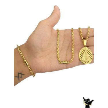 Imagem de Corrente Cadeado 3mm + Pulseira + Pingente - Banhado a Ouro - ToJoia18