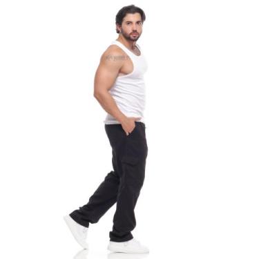 Imagem de Calça Jeans Cargo Larga Masculina Bolso Cós Cordão cintura - Mitchelgu