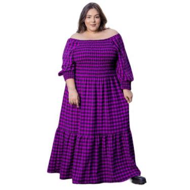 Imagem de Vestido Feminino Plus Size Xadrez Longo Ombro A Ombro Babado Lastex Ro