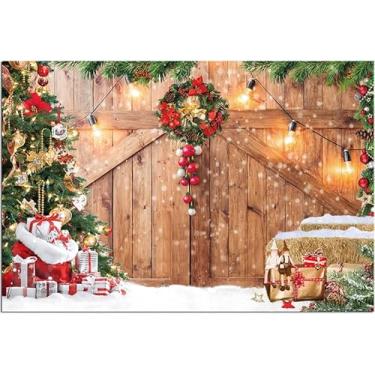 Imagem de Dudaacvt Fundo fotográfico para porta de madeira de celeiro de Natal de 1,8 x 1,8 m de Natal, árvore de Natal, presente de neve, parede para festa de ano novo, faixa de fundo de festa de Natal em